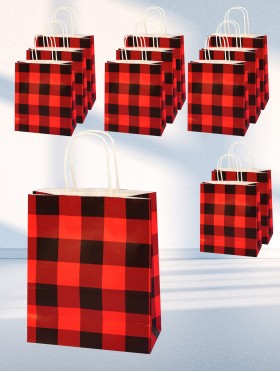 Red and black grid printed white kraft paper gift bags(12Pcs) 11"